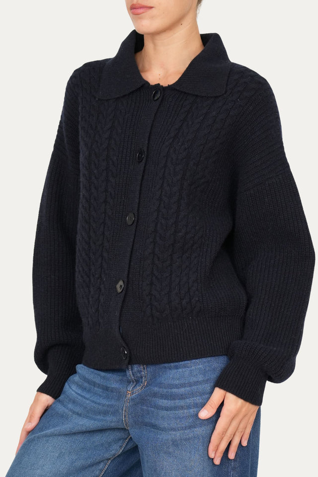 Maglia POLO con bottoni ricamata misto cashmere - Navy