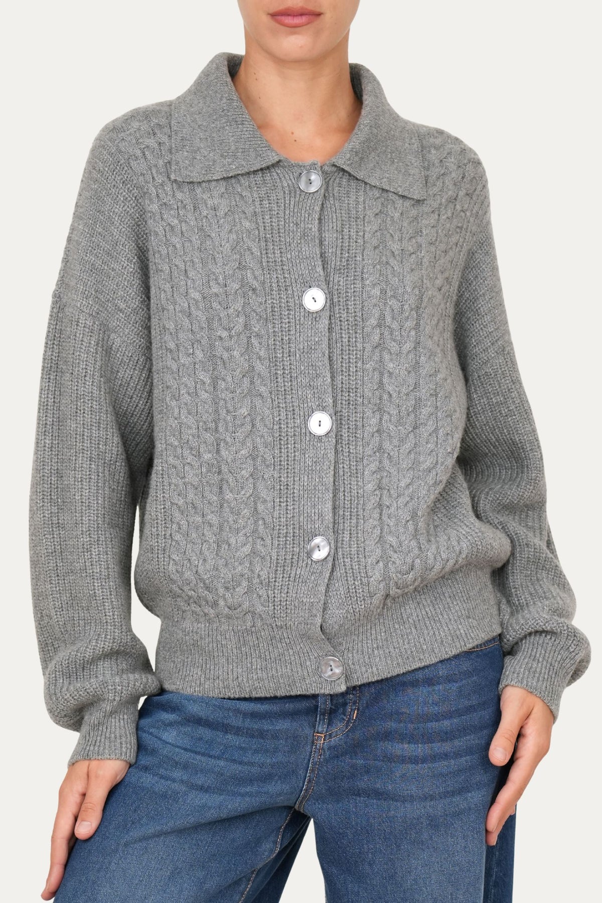 Maglia POLO con bottoni ricamata misto cashmere - Grigio