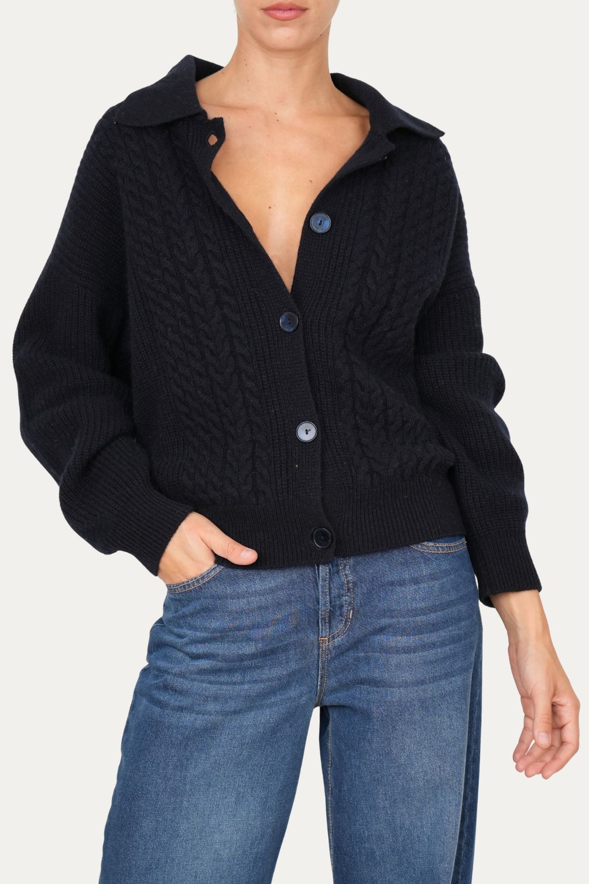 Maglia POLO con bottoni ricamata misto cashmere - Navy