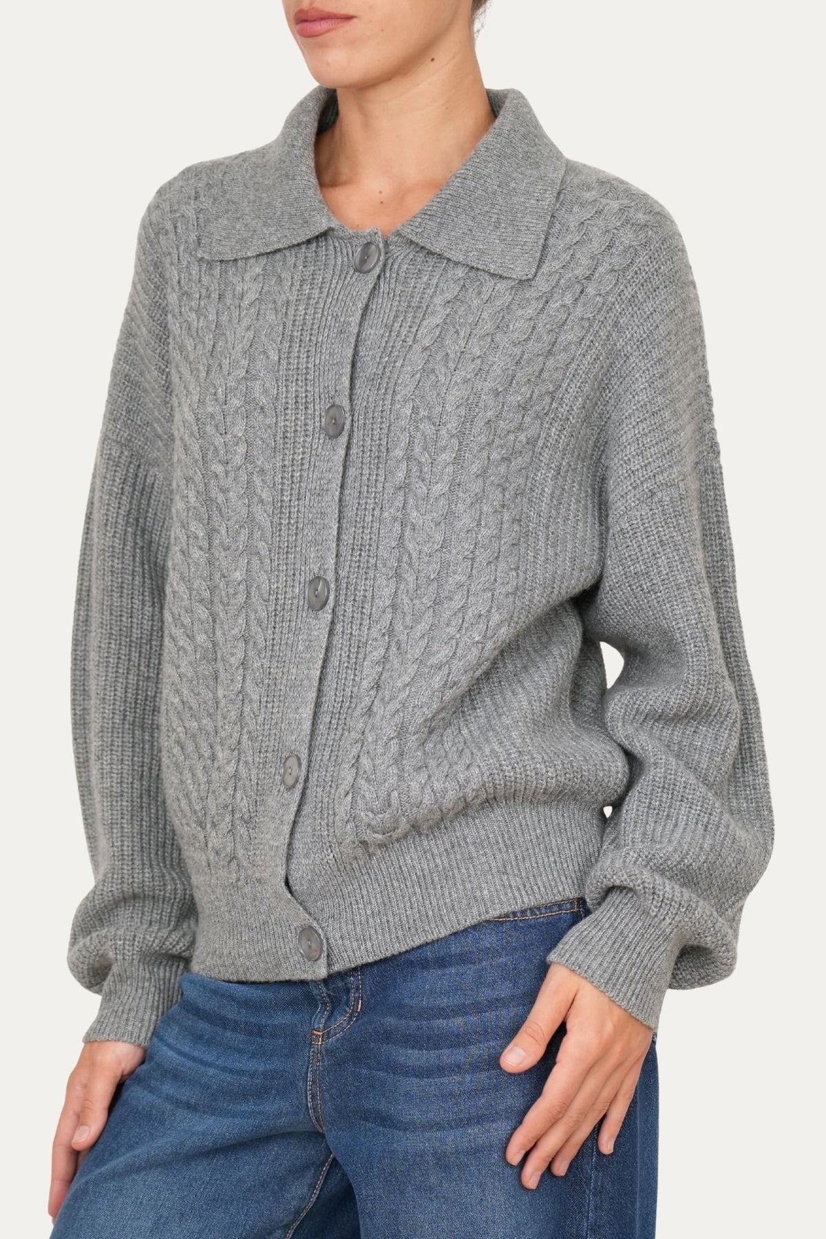 Maglia POLO con bottoni ricamata misto cashmere - Grigio