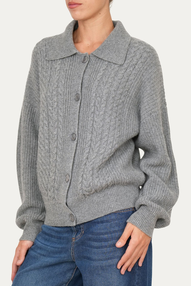 Maglia POLO con bottoni ricamata misto cashmere - Grigio