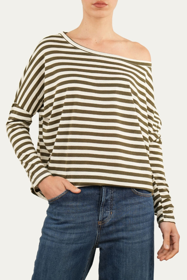 Maglia scollo a barca in cotone a righe Florida - Militare