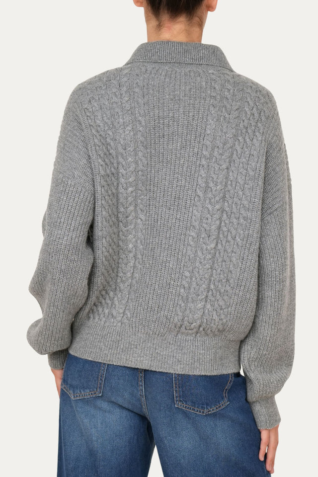 Maglia POLO con bottoni ricamata misto cashmere - Grigio