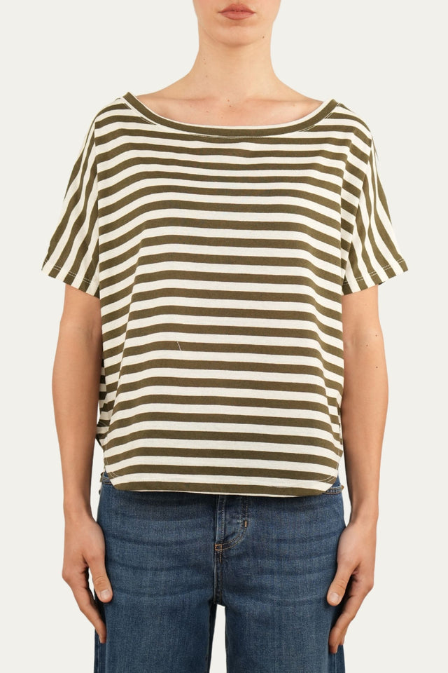 Maglia scollo a barca in cotone maniche corte a righe Florida - Militare