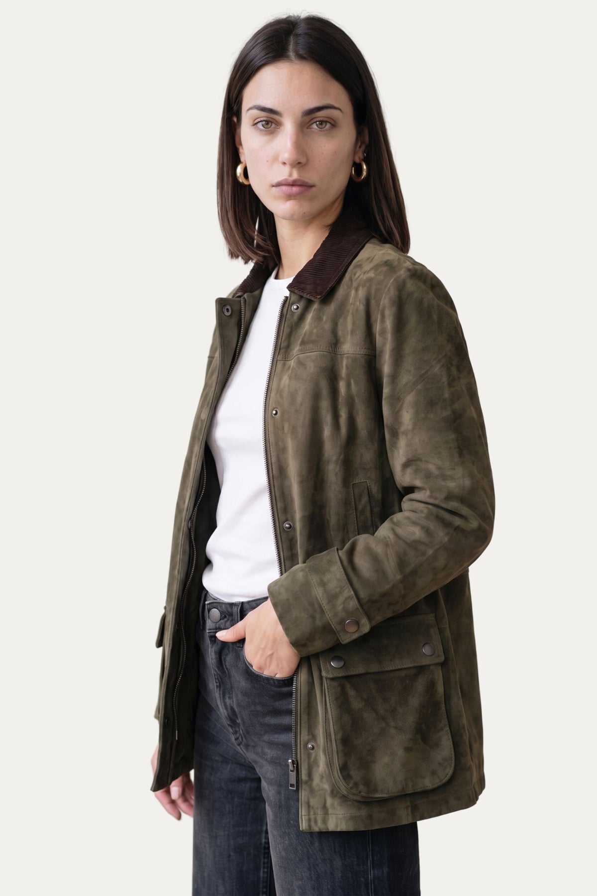 Giacca in camoscio con zip - Militare