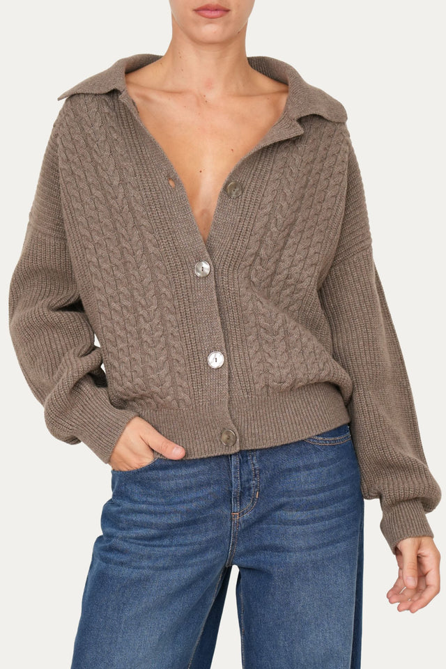 Maglia POLO con bottoni ricamata misto cashmere - Noce