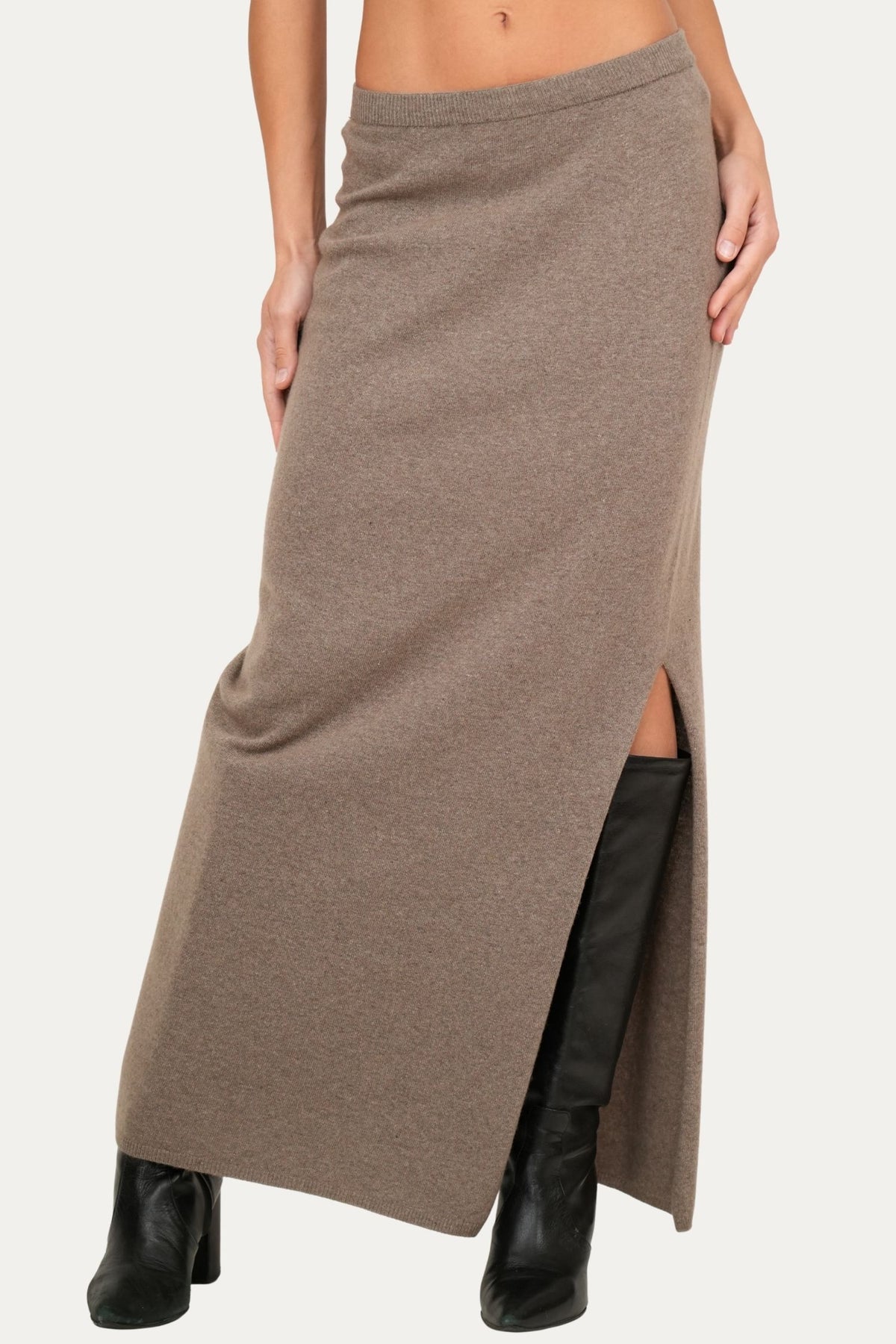 Gonna lunga con spacco misto cashmere - Noce