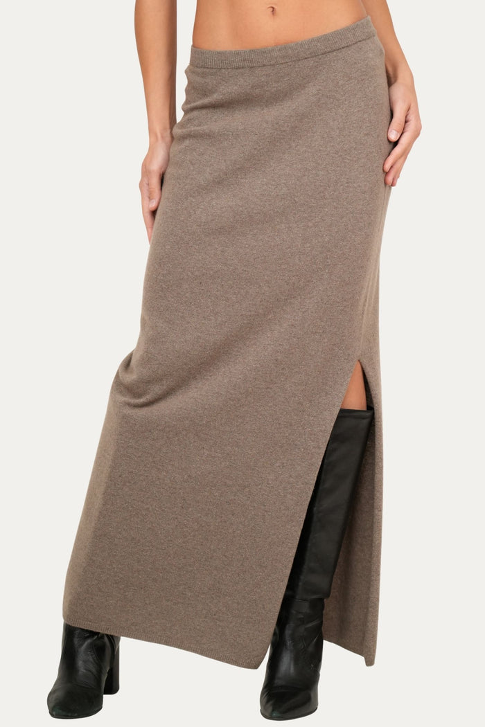 Gonna lunga con spacco misto cashmere - Noce