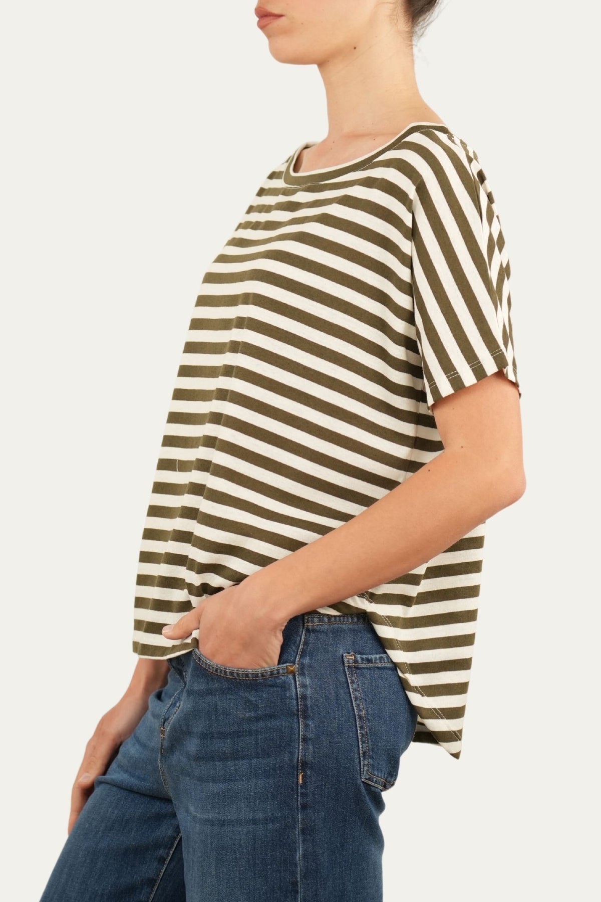 Maglia scollo a barca in cotone maniche corte a righe Florida - Militare