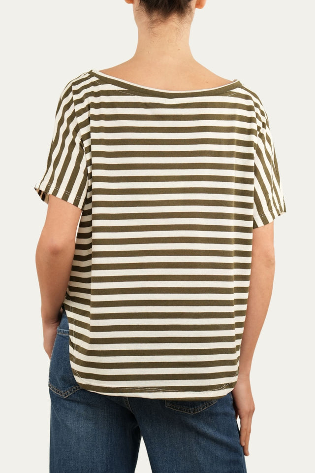 Maglia scollo a barca in cotone maniche corte a righe Florida - Militare