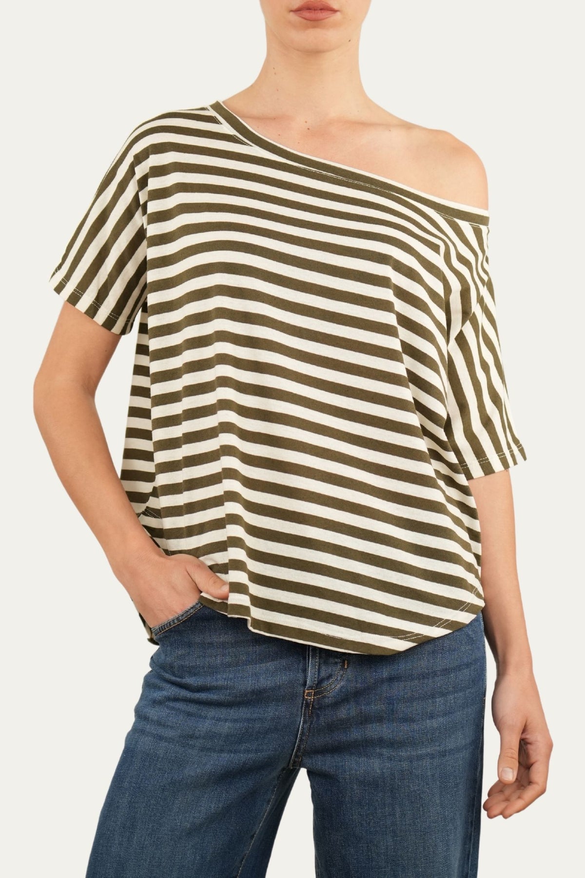 Maglia scollo a barca in cotone maniche corte a righe Florida - Militare