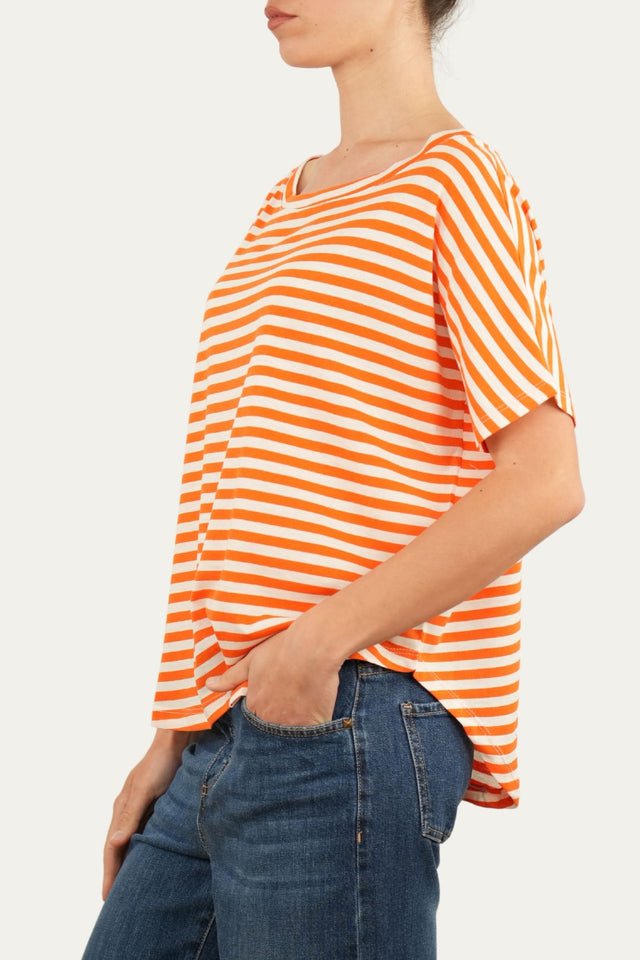 Maglia scollo a barca in cotone maniche corte a righe Florida - Arancio