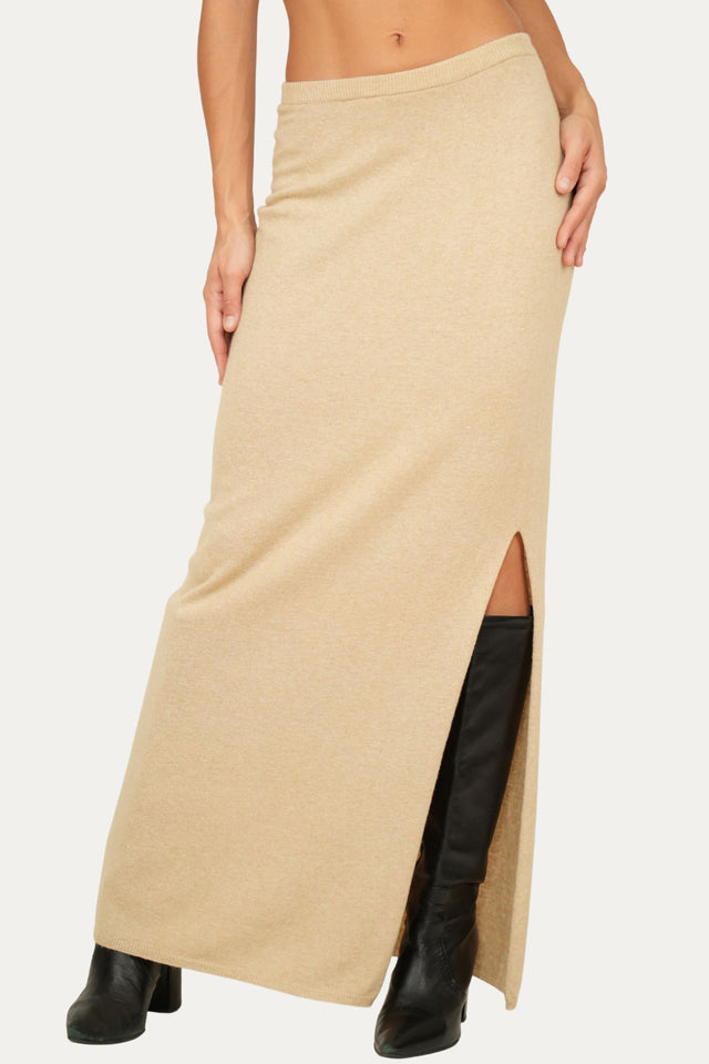 Gonna lunga con spacco misto cashmere - Grano