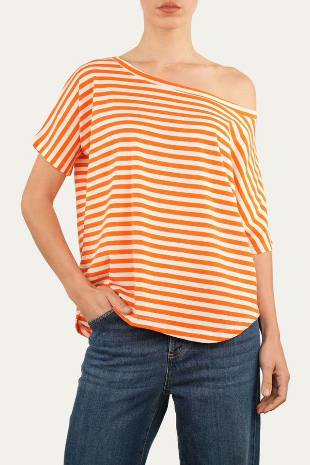 Maglia scollo a barca in cotone maniche corte a righe Florida - Arancio