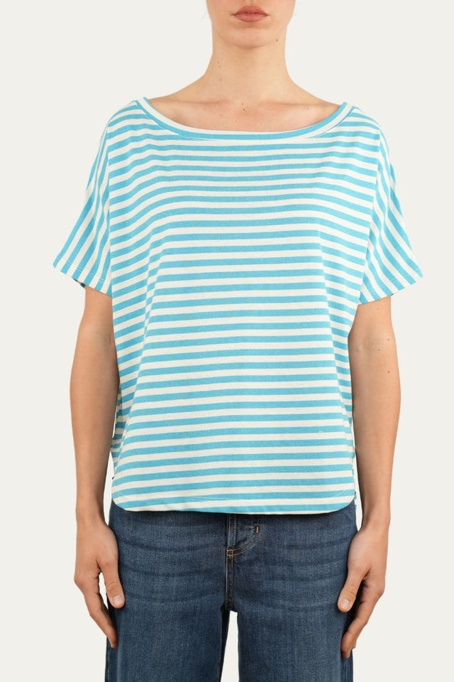 Maglia scollo a barca in cotone maniche corte a righe Florida - Turchese