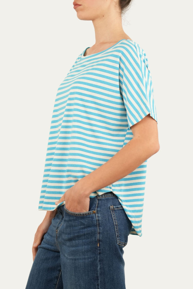 Maglia scollo a barca in cotone maniche corte a righe Florida - Turchese