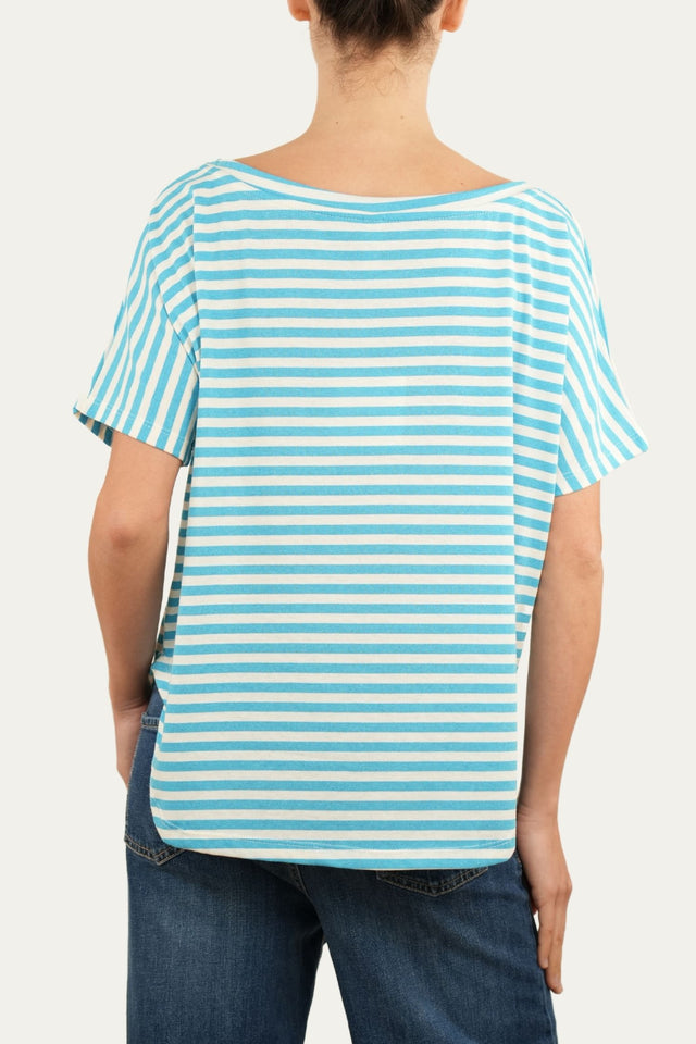 Maglia scollo a barca in cotone maniche corte a righe Florida - Turchese