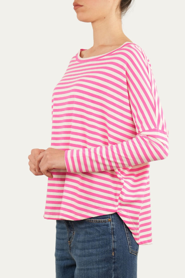 Maglia scollo a barca in cotone a righe Florida - Fuxia