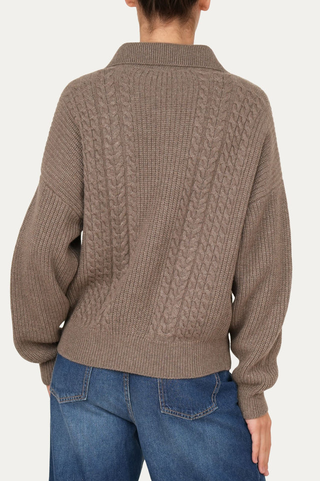 Maglia POLO con bottoni ricamata misto cashmere - Noce