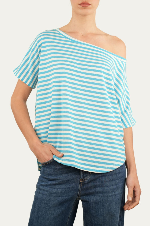 Maglia scollo a barca in cotone maniche corte a righe Florida - Turchese