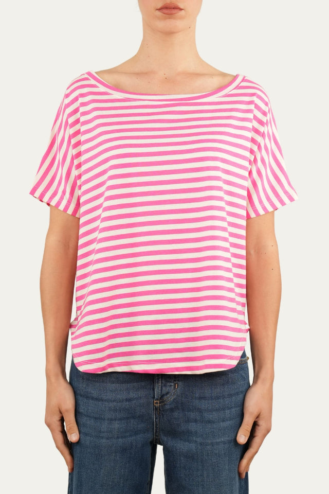 Maglia scollo a barca in cotone maniche corte a righe Florida - Fuxia