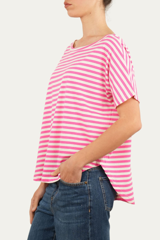 Maglia scollo a barca in cotone maniche corte a righe Florida - Fuxia