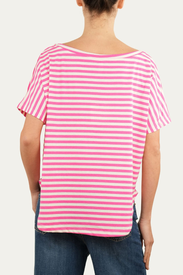 Maglia scollo a barca in cotone maniche corte a righe Florida - Fuxia