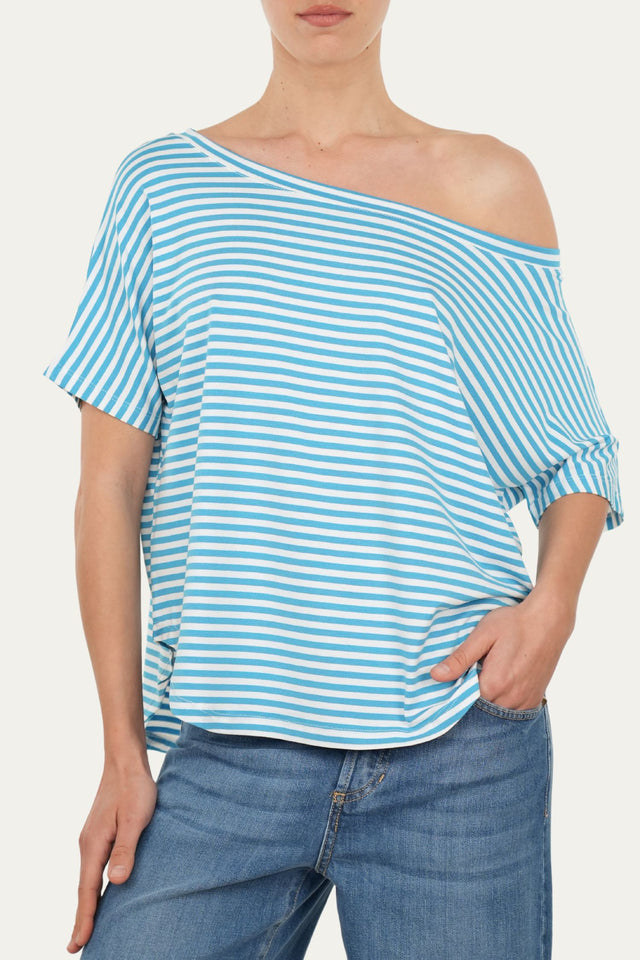 Maglia scollo barca spalla scesa corta righe Florida - Turchese