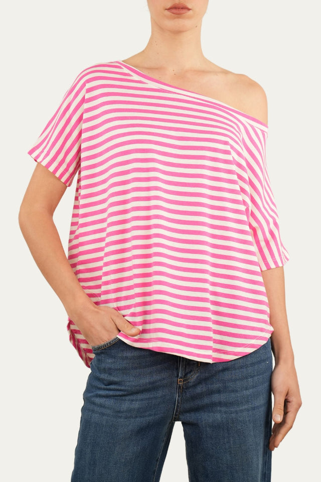 Maglia scollo a barca in cotone maniche corte a righe Florida - Fuxia