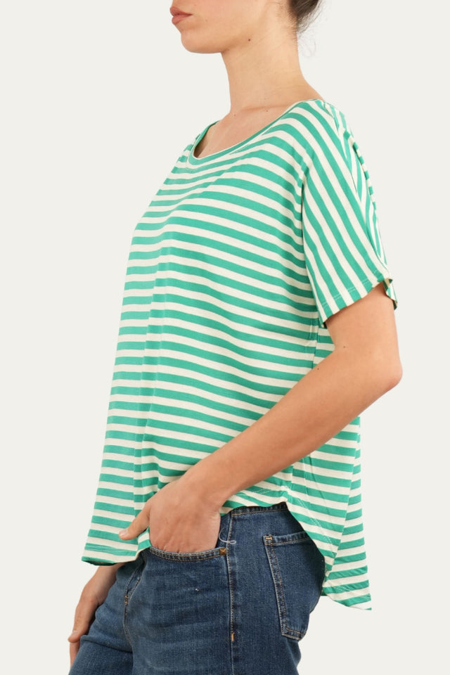 Maglia scollo a barca in cotone maniche corte a righe Florida - Smeraldo