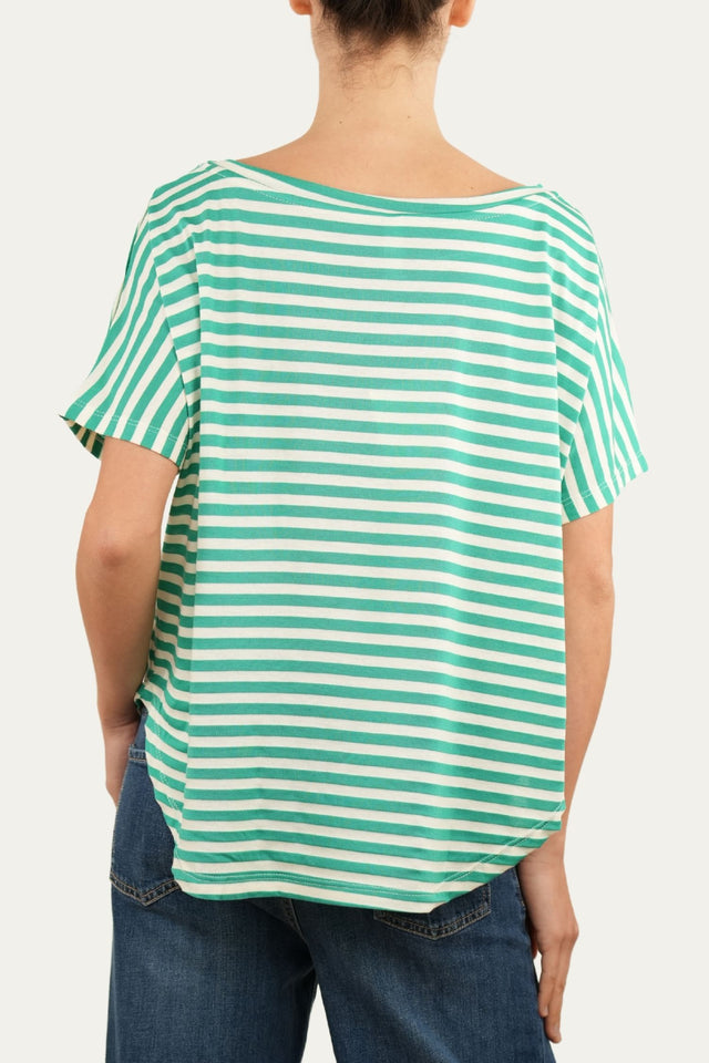 Maglia scollo a barca in cotone maniche corte a righe Florida - Smeraldo