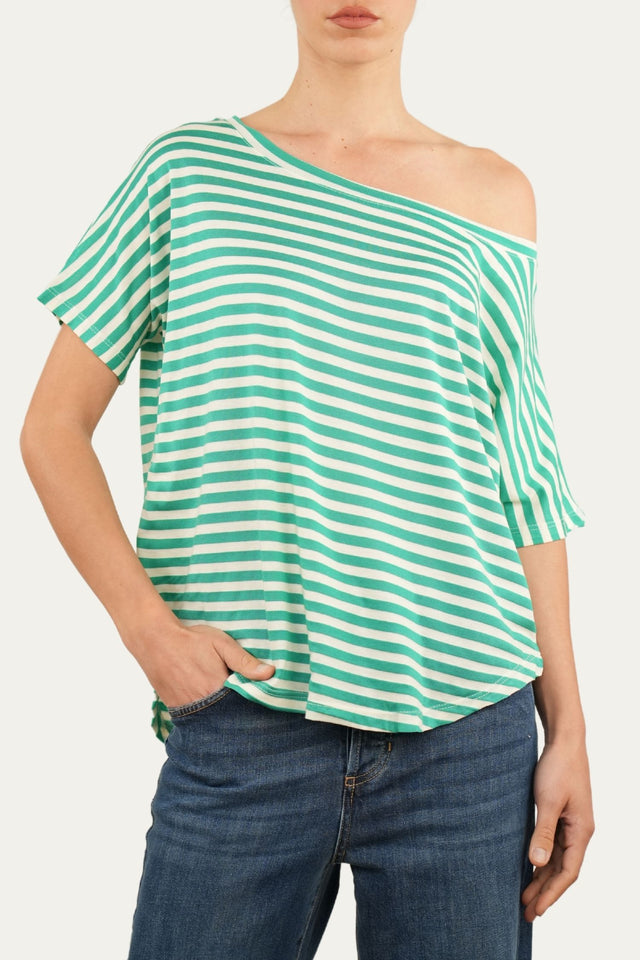 Maglia scollo a barca in cotone maniche corte a righe Florida - Smeraldo