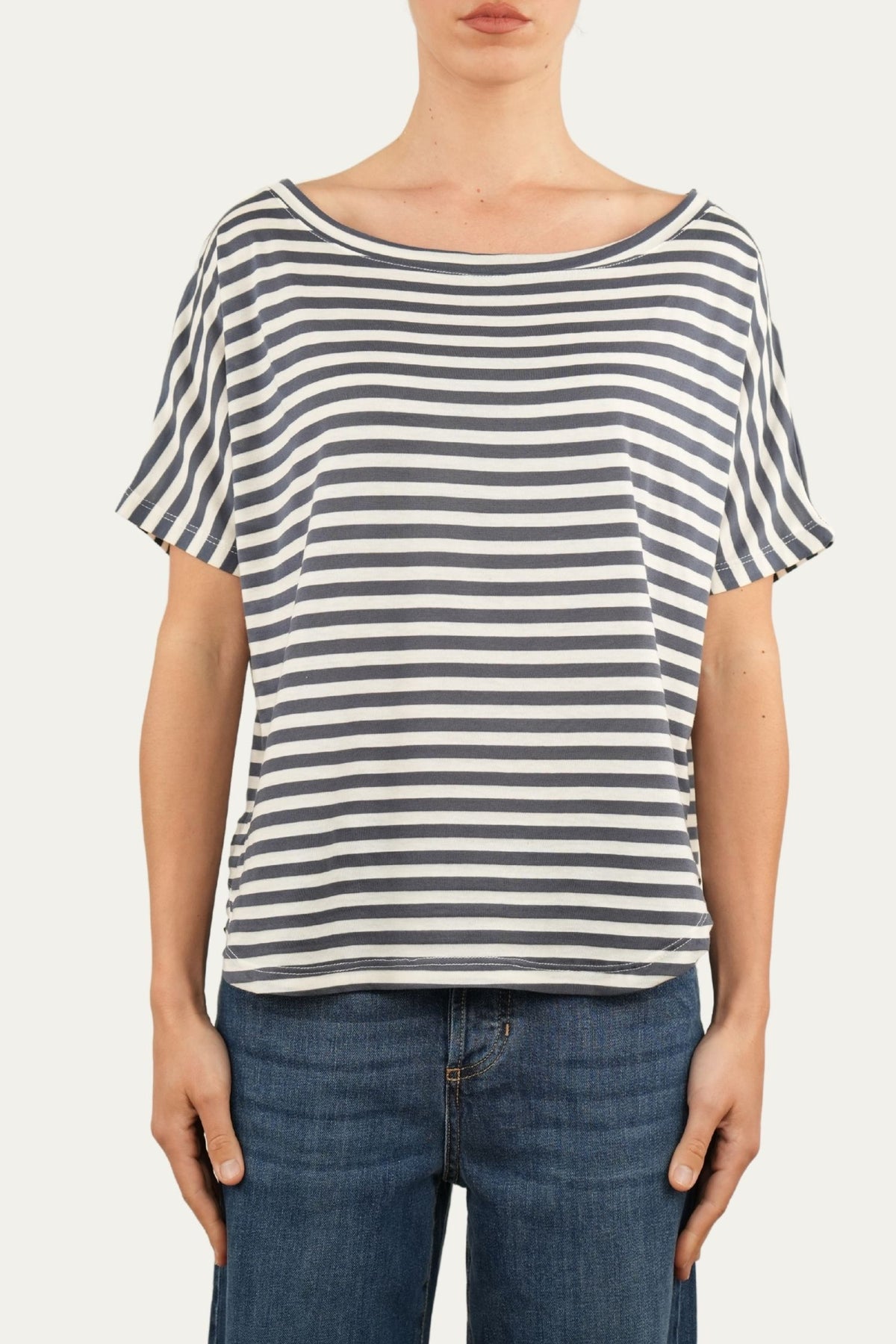 Maglia scollo a barca in cotone maniche corte a righe Florida - Jeans