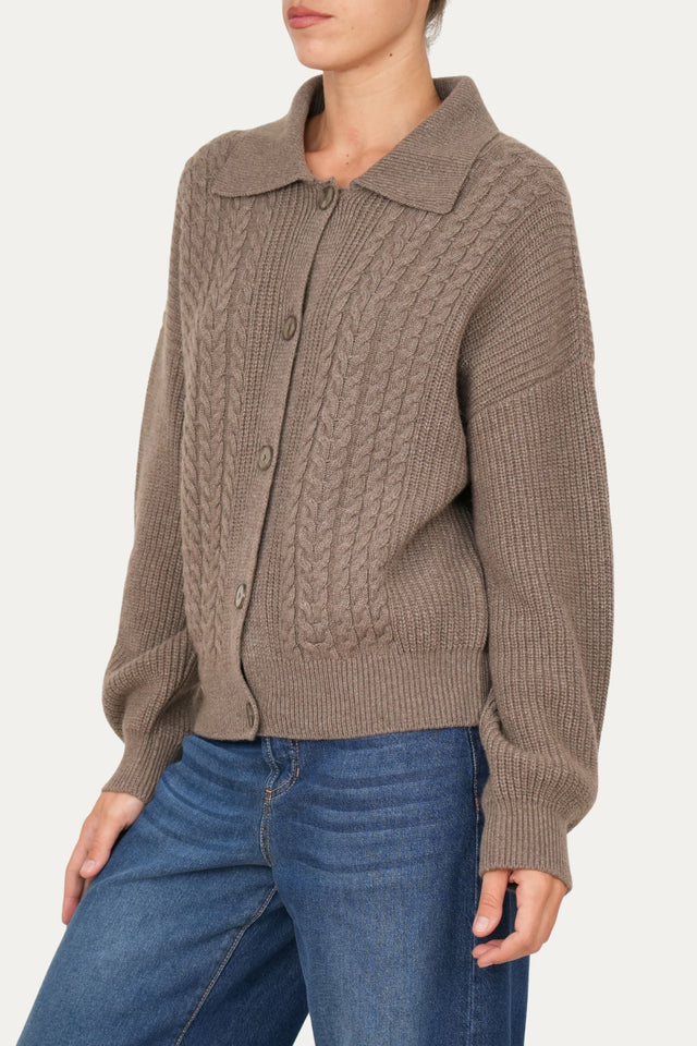 Maglia POLO con bottoni ricamata misto cashmere - Noce