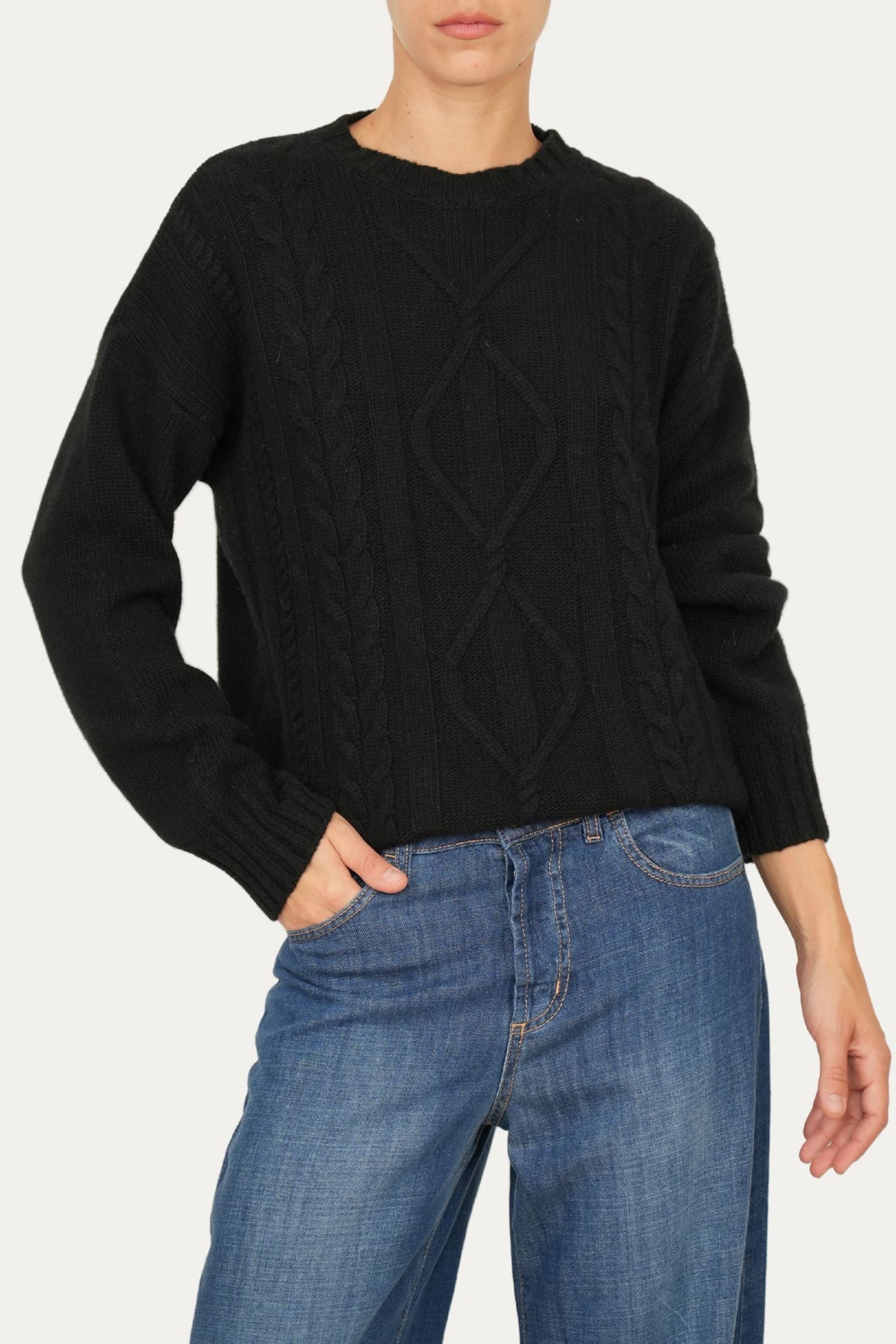 Maglione TRECCE e ROMBI misto cashmere - Nero