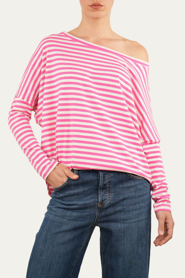 Maglia scollo a barca in cotone a righe Florida - Fuxia