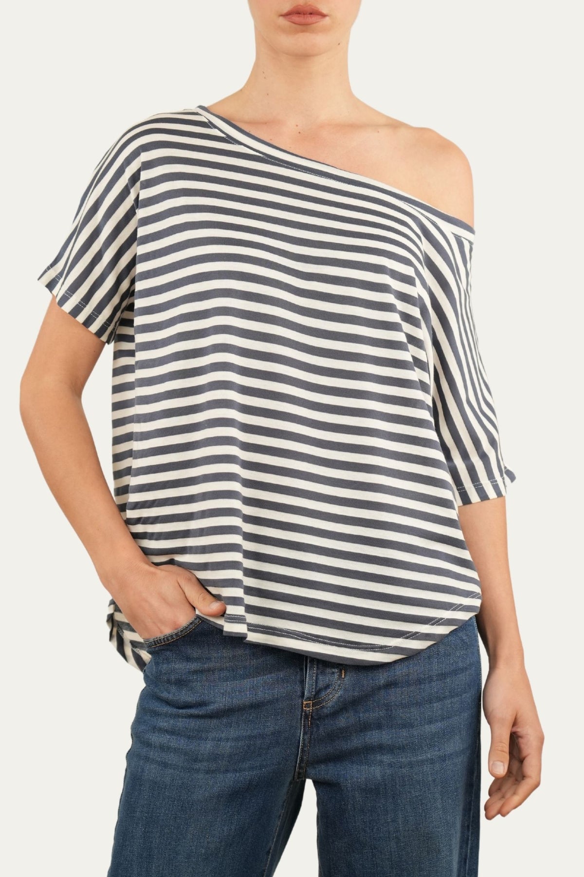 Maglia scollo a barca in cotone maniche corte a righe Florida - Jeans