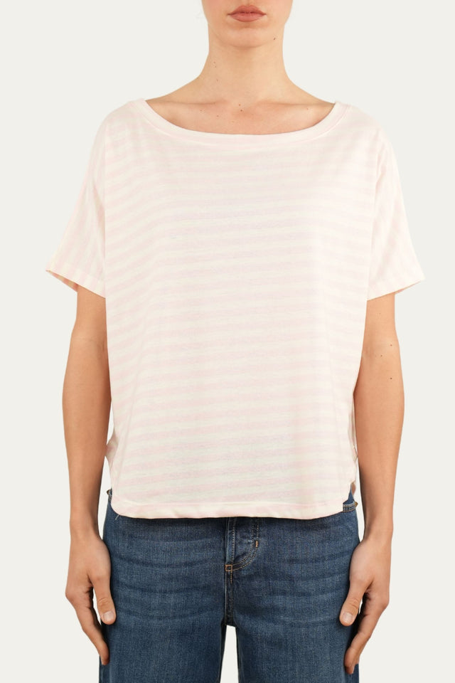 Maglia scollo a barca in cotone maniche corte a righe Florida - Rosa Confetto