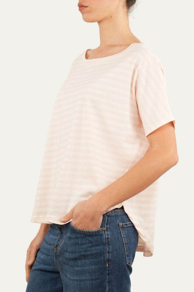 Maglia scollo a barca in cotone maniche corte a righe Florida - Rosa Confetto