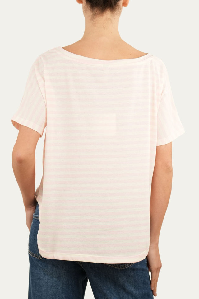 Maglia scollo a barca in cotone maniche corte a righe Florida - Rosa Confetto