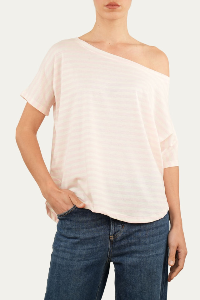 Maglia scollo a barca in cotone maniche corte a righe Florida - Rosa Confetto