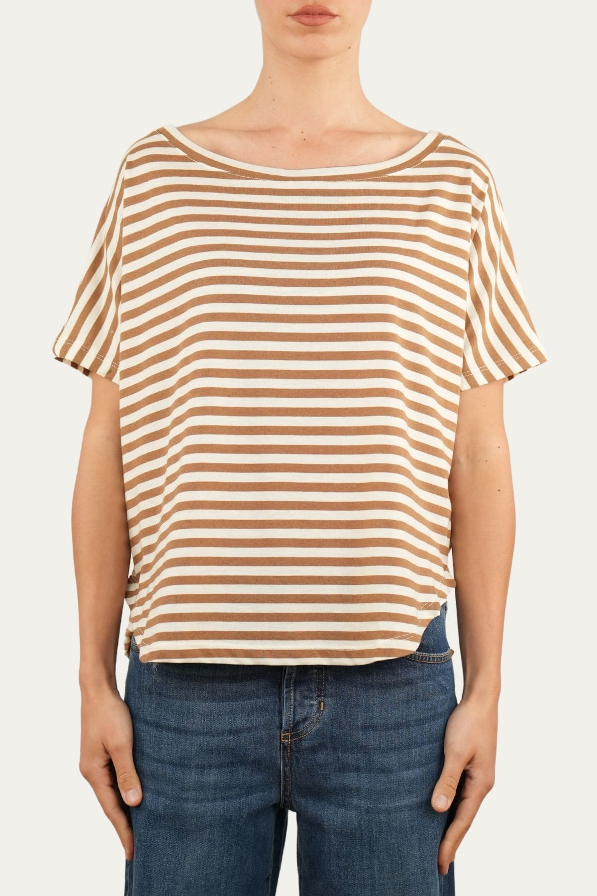 Maglia scollo a barca in cotone maniche corte a righe Florida - Tabacco