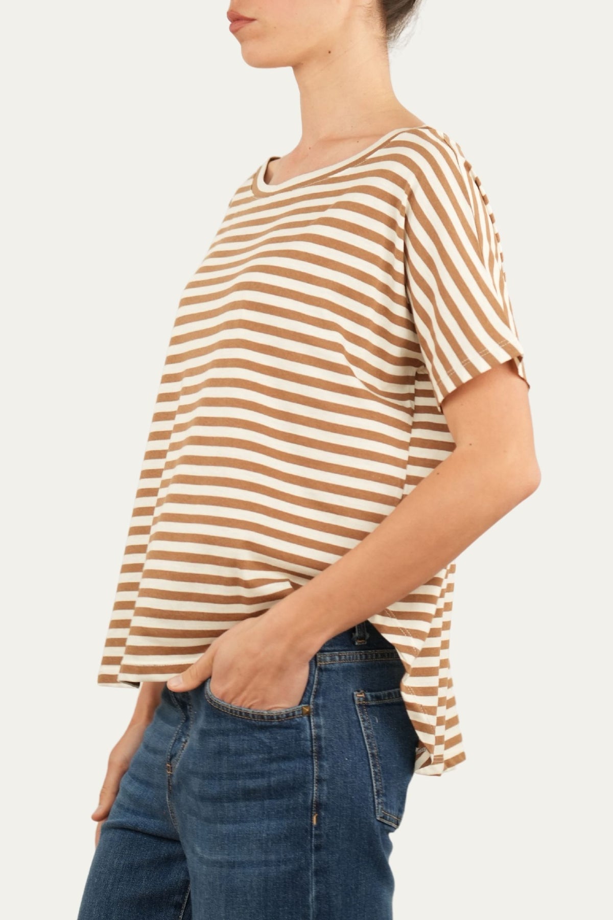 Maglia scollo a barca in cotone maniche corte a righe Florida - Tabacco