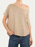 Maglia scollo a barca in cotone maniche corte a righe Florida - Tabacco