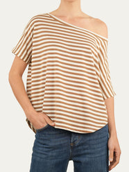 Maglia scollo a barca in cotone maniche corte a righe Florida - Tabacco