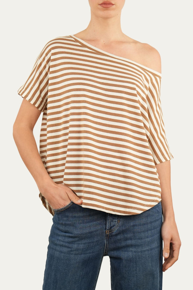 Maglia scollo a barca in cotone maniche corte a righe Florida - Tabacco