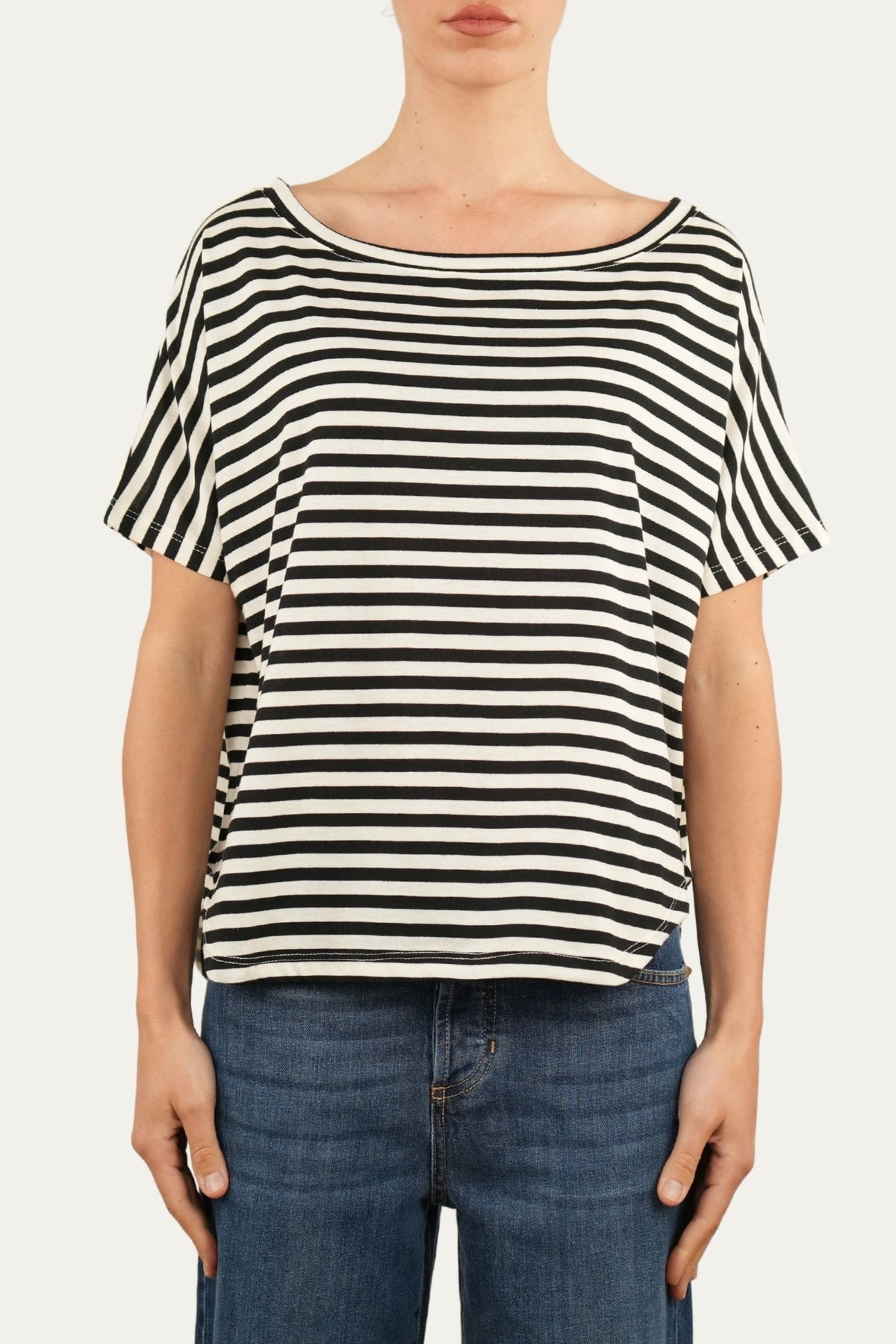 Maglia scollo a barca in cotone maniche corte a righe Florida - Nero