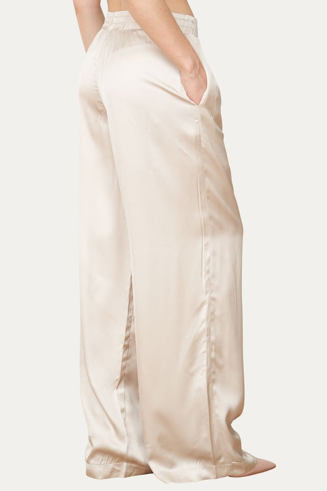 Pantalone palazzo con elastico in raso di viscosa - Champagne