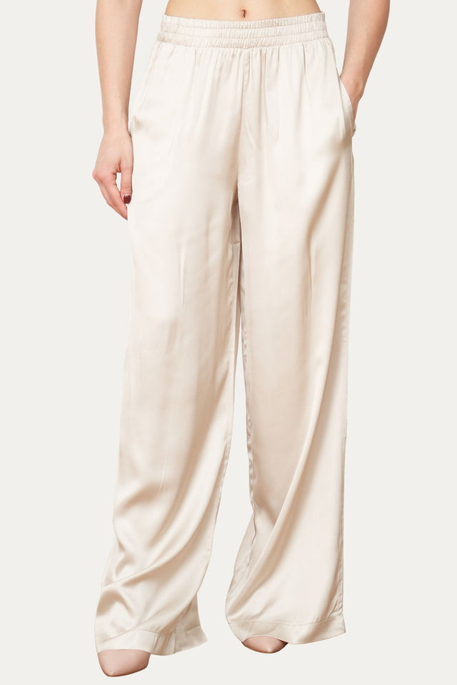 Pantalone palazzo con elastico in raso di viscosa - Champagne