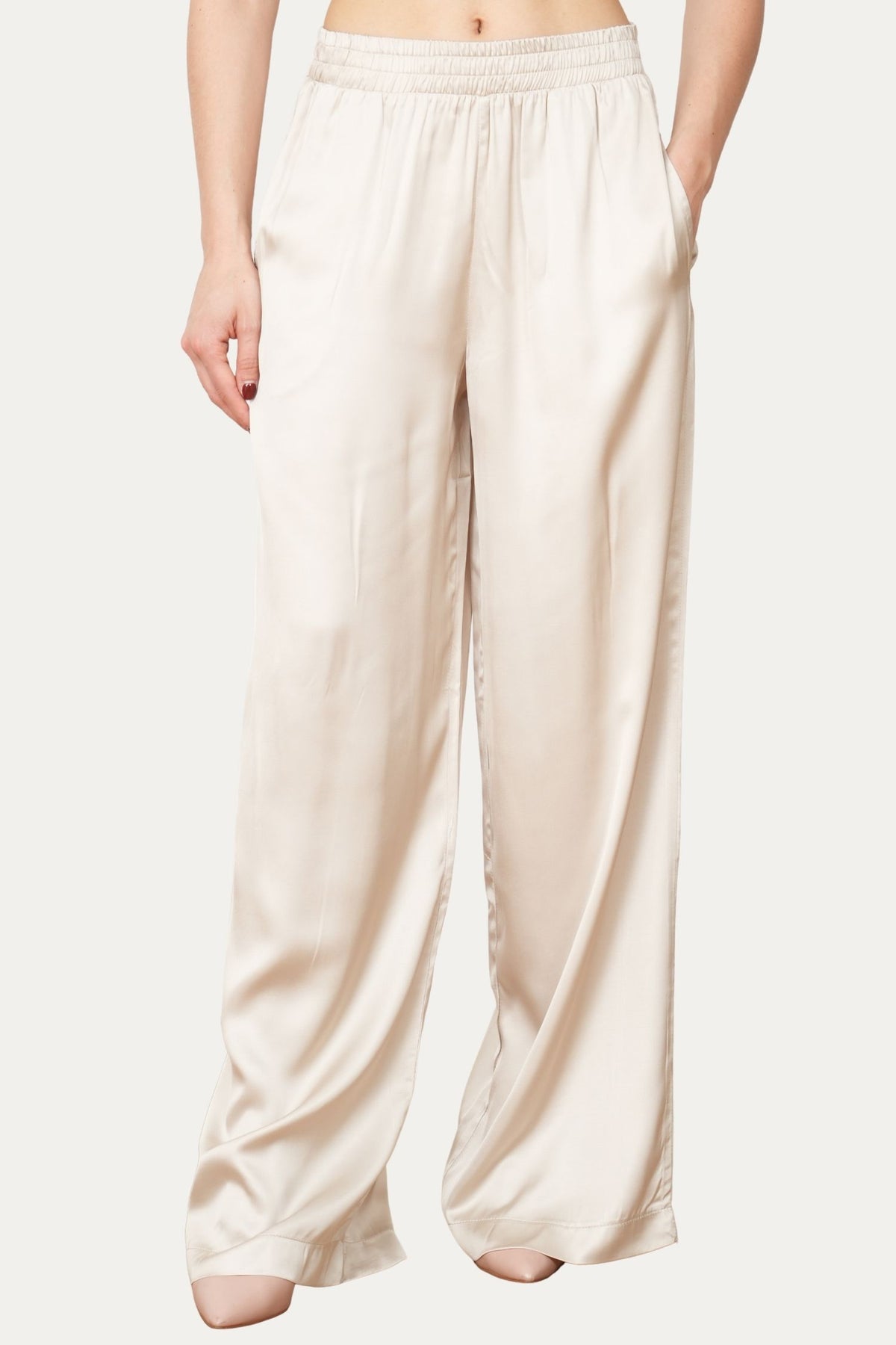 Pantalone palazzo con elastico in raso di viscosa - Champagne